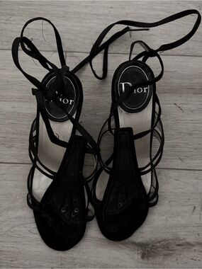Dior by John Galliano SS02 Black Strappy Pom Pom heels with lace up straps